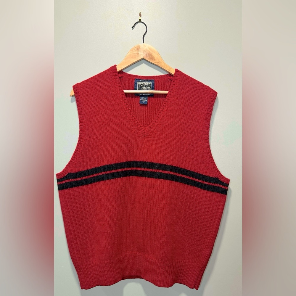 Britches Y2K Men's Red Wool Sweater Vest with Black Chest Stripes
Size Large